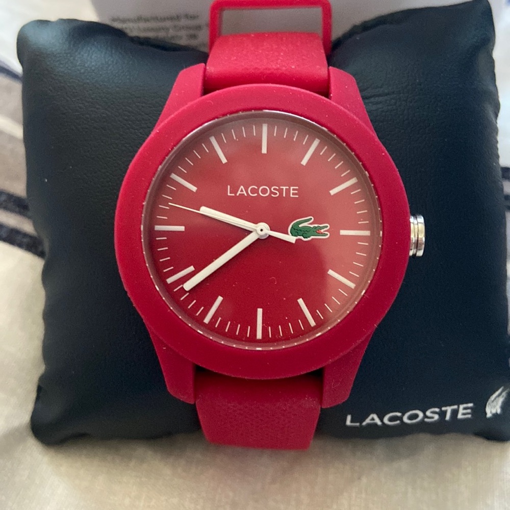 LACOSTE watch. Silicone bracelet,nice cherry color, modern look. New.